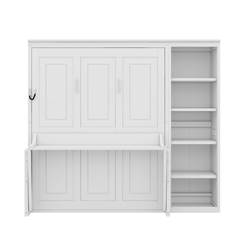 Lit escamotable avec bureau intégré et bibliothèque intégrée, Double, Blanc