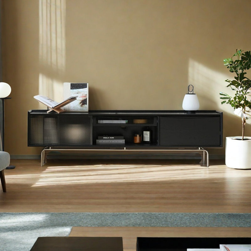 Meuble télé en bois massif noir classique, 70.86"
