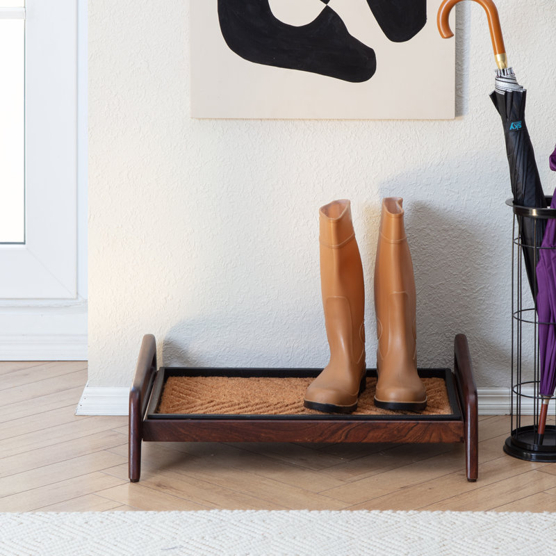 Premium Solid Wood Boot Tray Stand with Natural Coir Mat - Entryway & Mudroom Shoe Organizer, Dark Brown, Tier 1