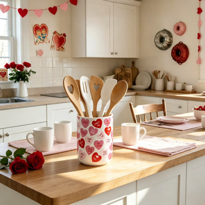 Vintage Farmhouse Ceramic Utensil Holder with Heart Design, Rustic Western Kitchen Utensil Crock, Countertop Storage Organizer Container for Spatulas Spoons, Home Cooking Decor Gift