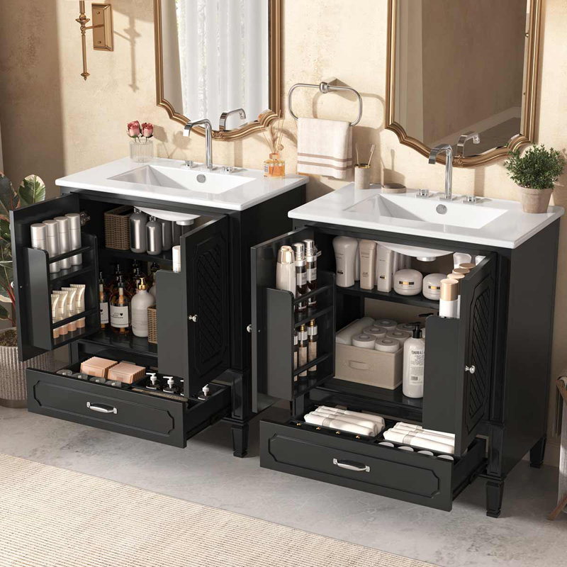 Meuble-lavabo double 60 po Modern, Noir / argent
