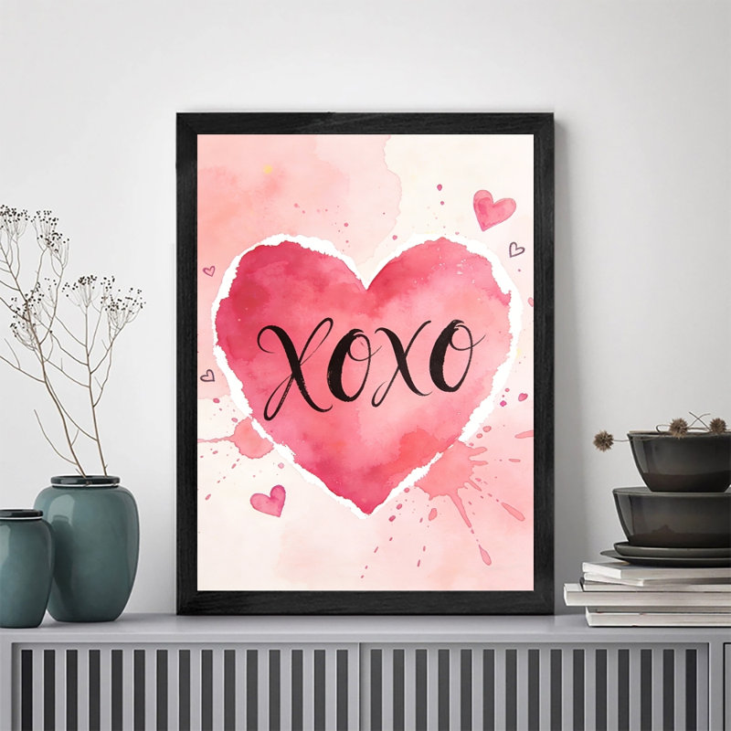 Aquarelle encadrée noire, art mural Xoxo, impressions sur le thème de la Saint-Valentin, H 11 po x l 9 po