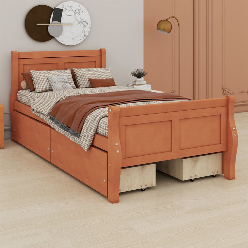 Lit plateforme en bois avec tiroirs et tête et pied de lit profilés, Lit simple, Chêne