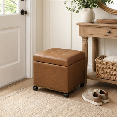 18" Square Faux Leather Storage Ottoman with Wheels for Living Room