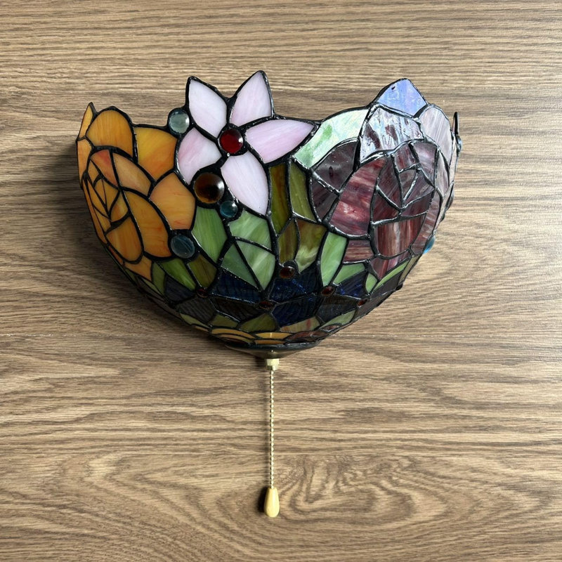 Kaydence Tiffany Sconces Lamp Blue Red Orange Stained Glass Half Moon Rose Flowers Pull Chain Switch LED Bulb 12"W*6"D*7"H