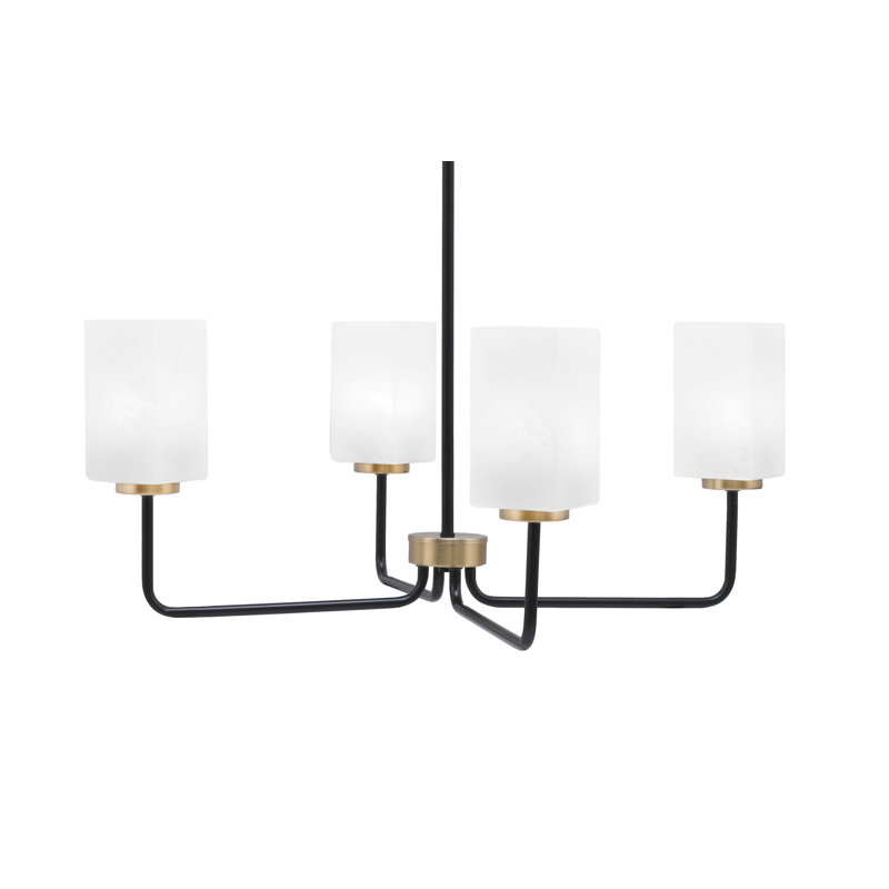 Lustre 4 lumières Amarmula, noir mat et laiton vieilli, verre carré de marbre blanc de 3,5 po, Noir/laiton, Blanc