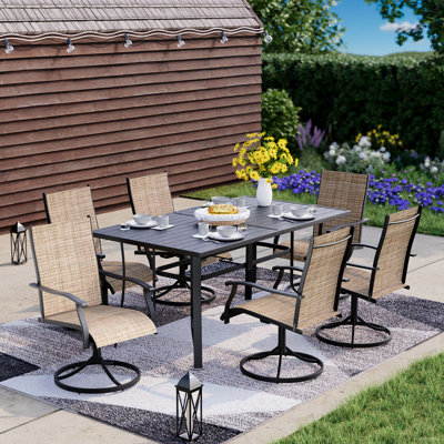 7 Piece Patio Dining Set, Outdoor Dining Table And Chairs Set For 6, 6 Swivel Chairs, 1 Iron Rectangular Table With Adjustable Umbrella Hole (1.57"-1. by Red Barrel Studio