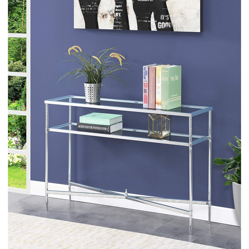 Console de style Tudor - Plateau en verre transparent avec structure en chrome