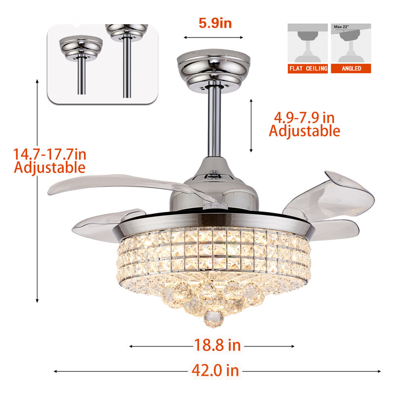 Blade LED Crystal Ceiling Fan Chandelier with Remote Control, 17.7" H x 42" W  x 42" D