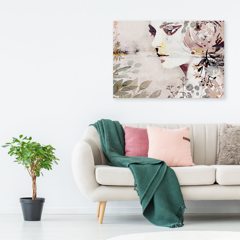 Abstract Woman Face with Flowers - Wrapped Canvas Art Print, 60cm H x 90cm W