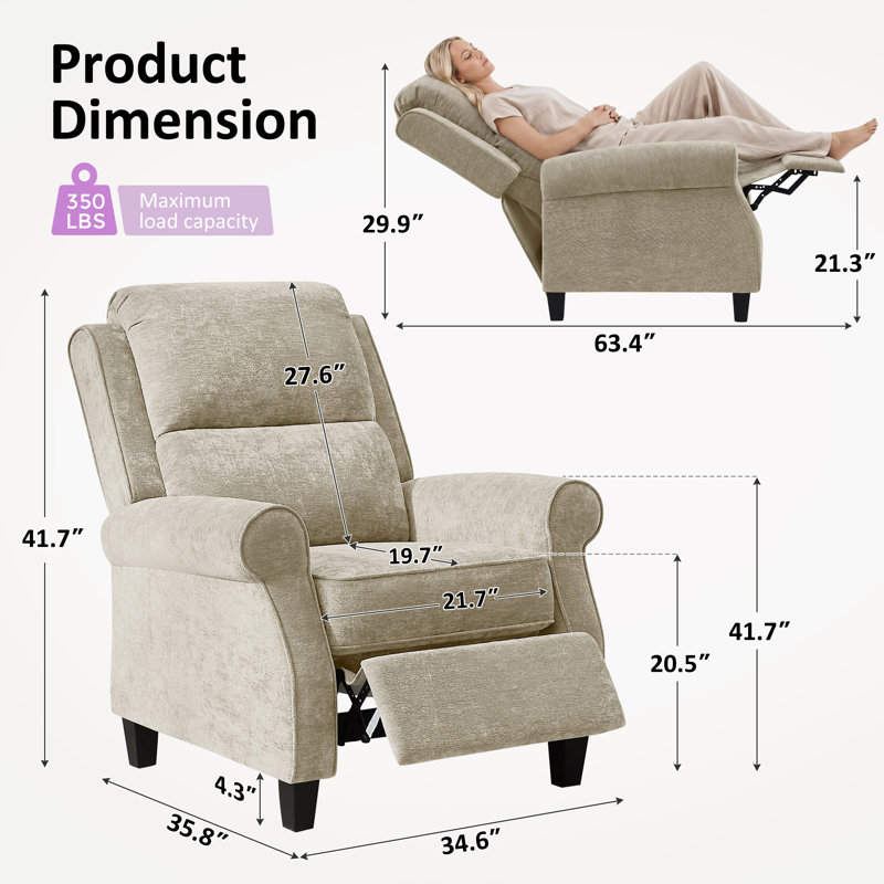 34.6’’ Push Back Recliner Chair With Adjustable Backrest & Footrest, Camel Chenille