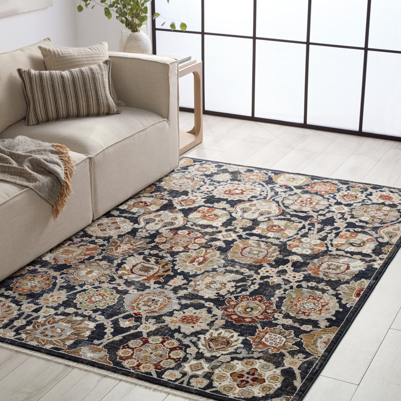 Tapis bleu / crème en polypropylène tissé à la machine Daltry, Rectangle de 5 pi x 8 pi