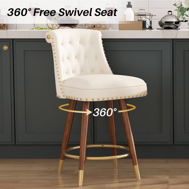 Beige Velvet Upholstered 24" Swivel Counter Stools with Wood Legs