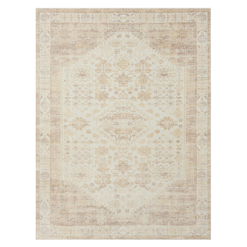 Melody Machine Washable Traditional Oriental Beige Waterproof Area Rug, Rectangle 2'8" x 3'10"