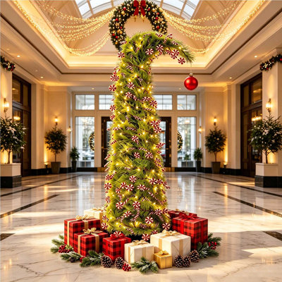 Arbre de Noël pliable de 5 pi Grinch, arbre de Noël artificiel pré-éclairé avec des ornements de canne en bonbon, arbre de Noël courbé à dessus fantaisiste pour décoration de fenêtre de maison de vacances, piles AA (piles non incluses)