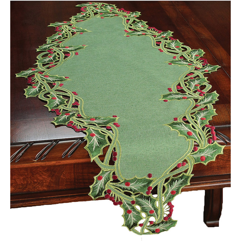 Embroidered Cutwork Table Runner, Green, 34" L x 16" D