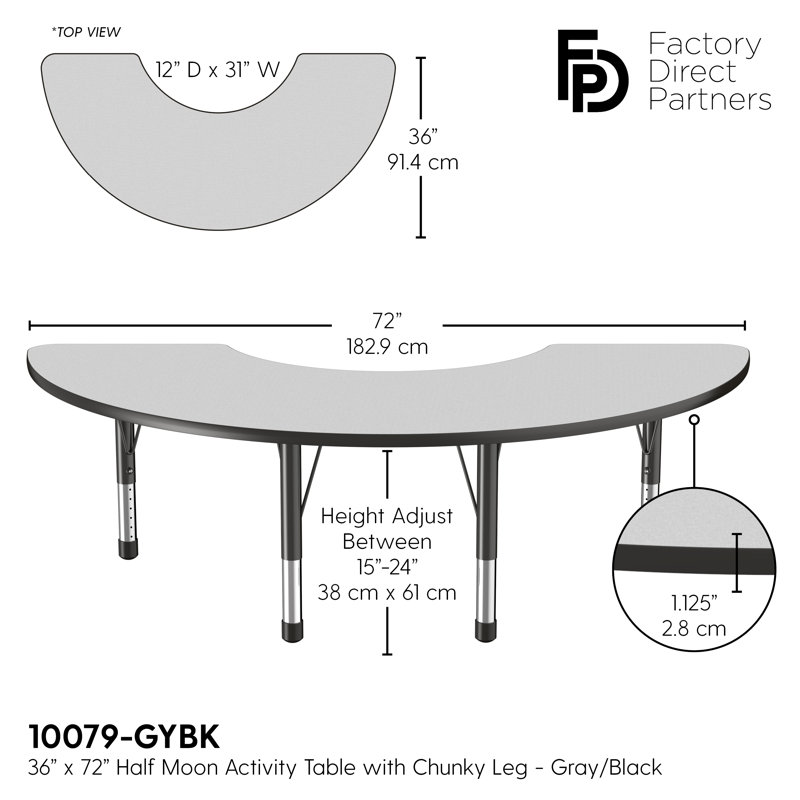 Table d'activité demi-lune 36 "x 72" avec pieds réglables, Gris / noir, Épais