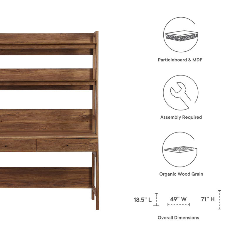 Bixby Walnut Wood Office Desk with Bookshelf and Drawers