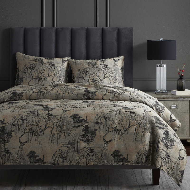 Pastoral Jacquard Metallic Floral Abstract Pattern Modern Contemporary 3 Piece Duvet Cover Set, King + 2 King Shams