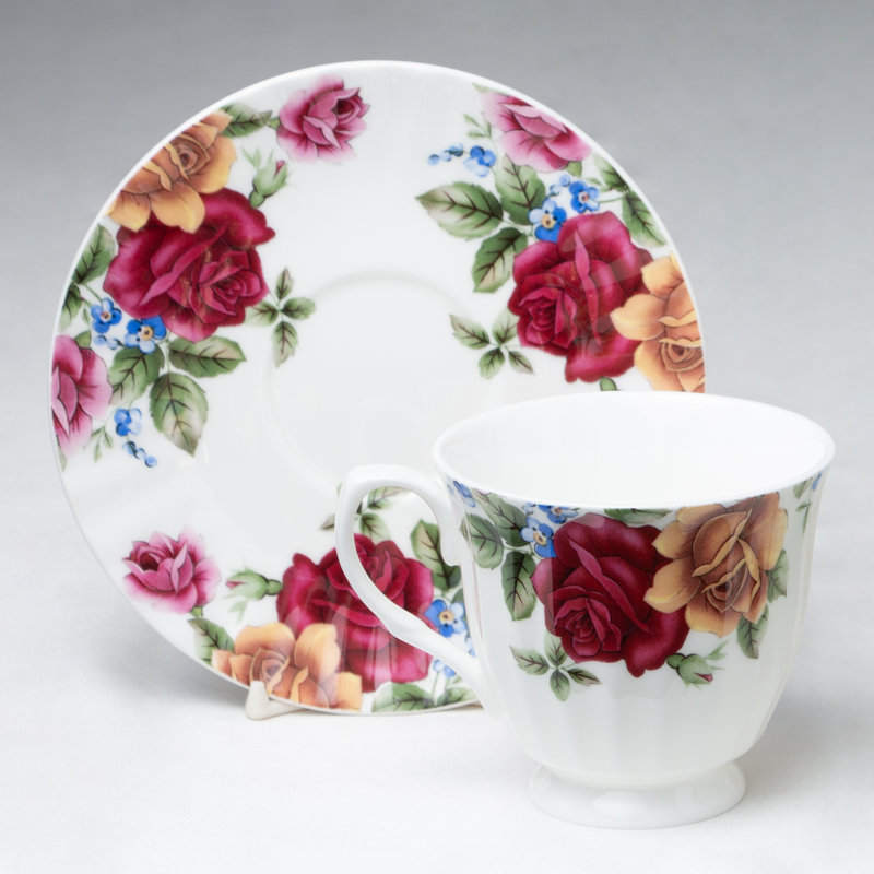Tasses et soucoupes en porcelaine fine à décor Grand Rose Chintz, lot de 2