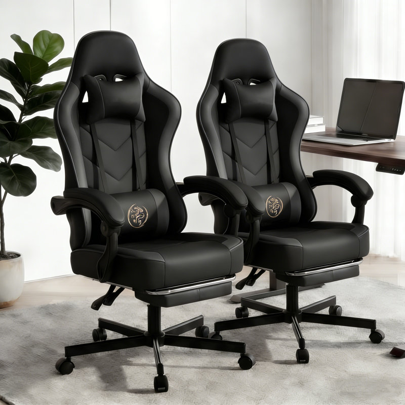 Adjustable Reclining Ergonomic Faux Leather Swiveling PC & Racing Game Chair(Set Of 2), Black/Gray