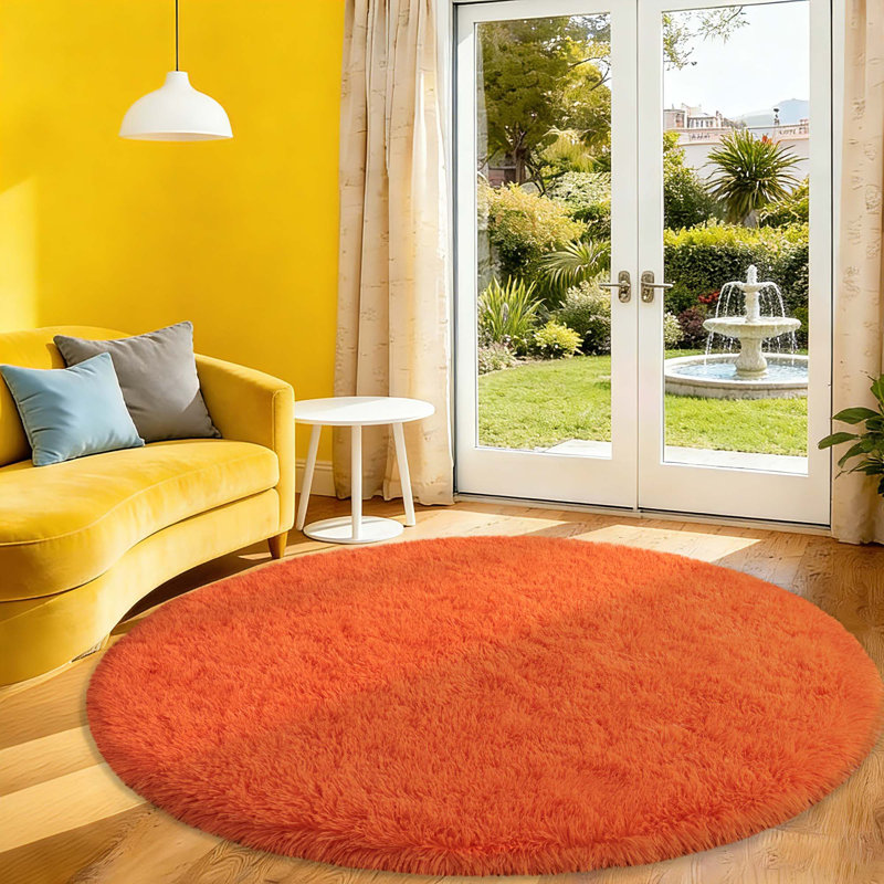 Orange Round Shag Rug Non-Slip Long-Pile Round Rug 4 ft Silk-Blend Rug Round Shag Rug Perfect for Teen Rooms Ideal for Bedrooms Great for Living Rooms Antibacterial Durable Material