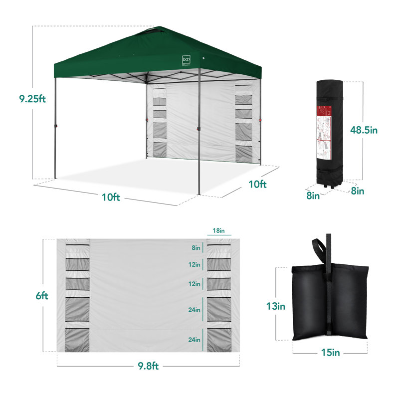 10X10ft Easy Setup Pop Up Canopy, Portable Tent W/ Side Wall, 1-Button Push, Case, Green