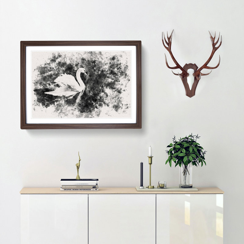 Swan - Picture Frame Graphic Art Print, 33cm H x 45cm W x 2cm D, Walnut Framed