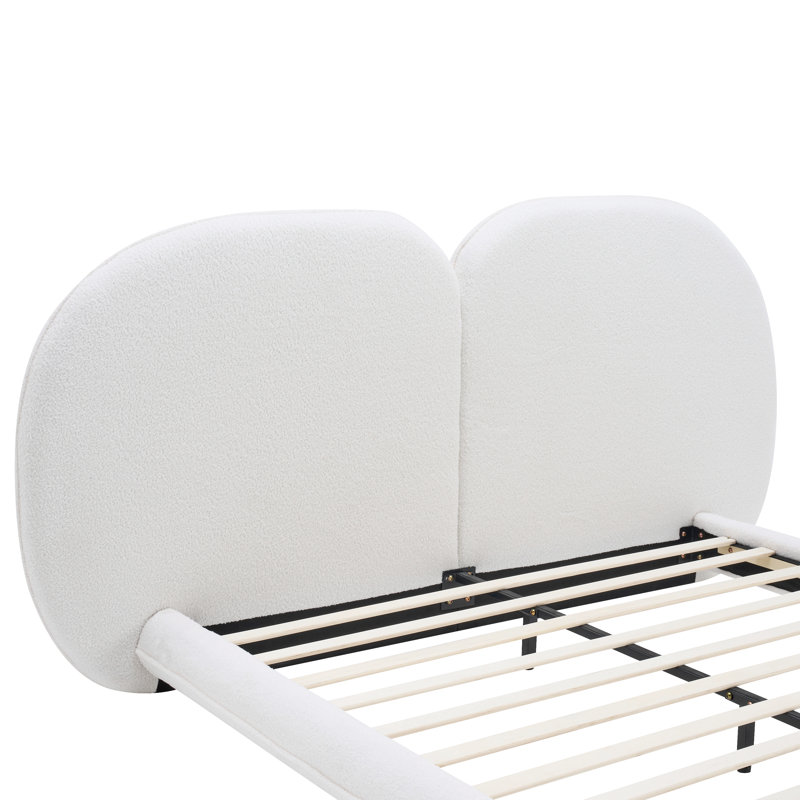 Extra Thick Upholstered Platform Bed Frame With Luxury Split Headboard, Teddy Fleece Fabric, White,Queen