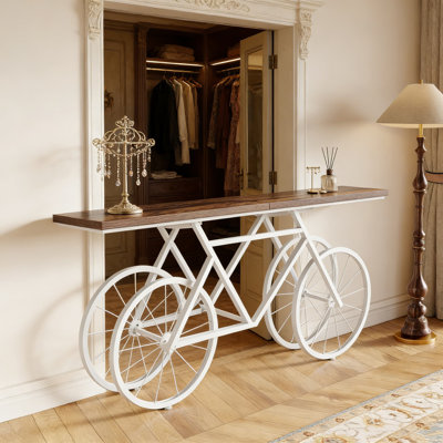 Extra Long Sofa Table With Unique Bicycle Metal Base, 70.9-Inch Console Table For Living Room And Entryway, Modern Industrial Design In Two-Tone Finish