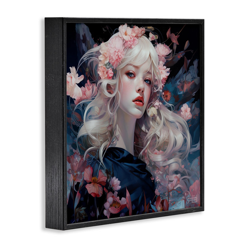 «Delicate Florals», estampe numérique par RB, H 24 po x l 24 po, Giclée encadrée noir minuit