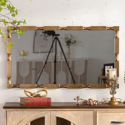 Gold Bamboo-Style Rectangular Wall Mirror, Textured Frame for Living Room/Bedroom/Entryway Decor