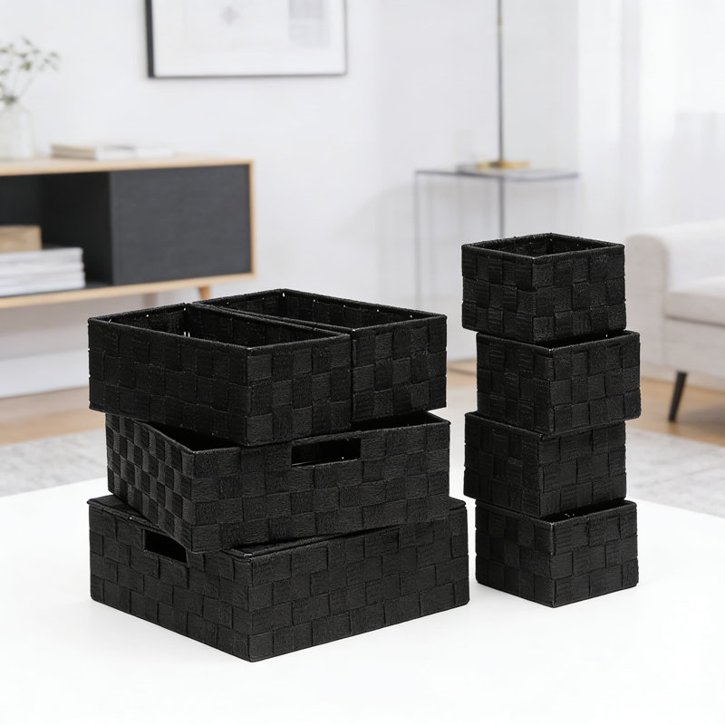 Bacs de rangement tissés avec couvercles, ensemble de 8 paniers empilables en tissu avec cadre en métal pour placard, tablette, tiroir et rangement