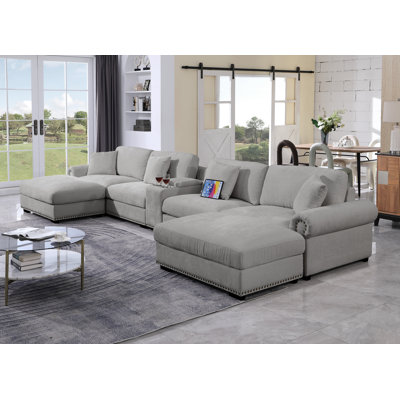 Oversized U Shaped Chenille Cloud Couch With 2 Ottomans & Cup Holder & USB