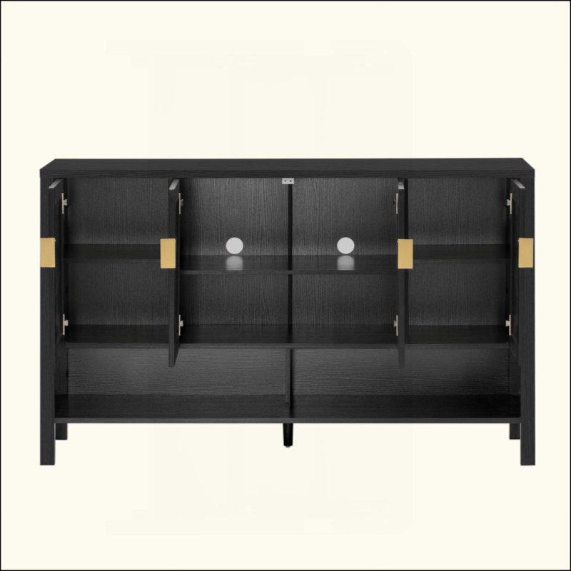 Buffet de rangement à 4 portes, buffet multifonctionnel avec tablette ouverte et 2 tablettes réglables à 2 niveaux, armoire moderne avec crochets doubles, convient au salon, au couloir, à la salle à manger et au bureau.