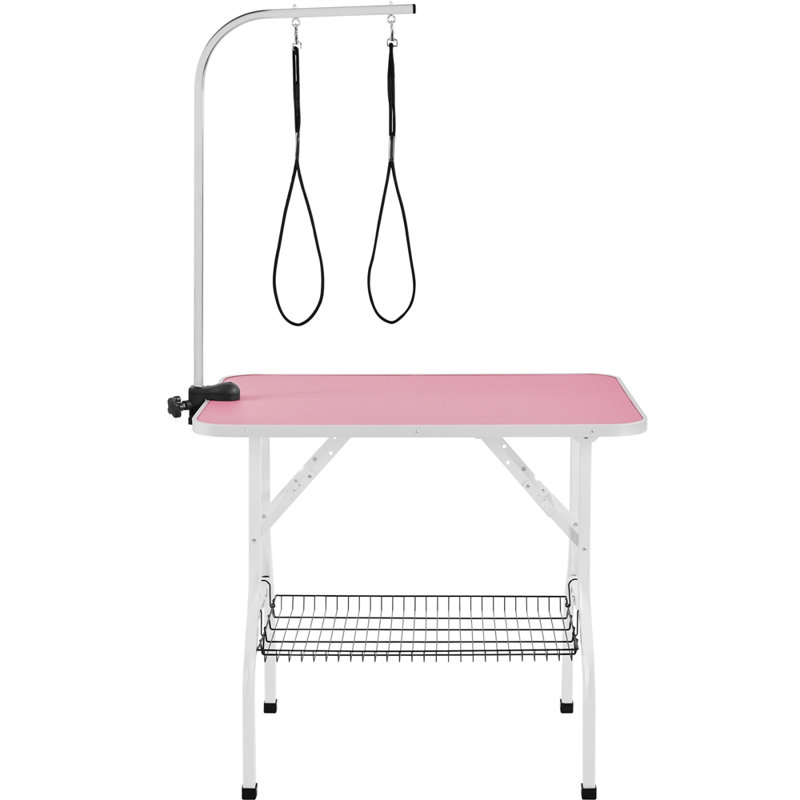 159cm H x 91cm W x 61cm D Adjustable and Foldable Dog Folding Grooming Table, Pink/White