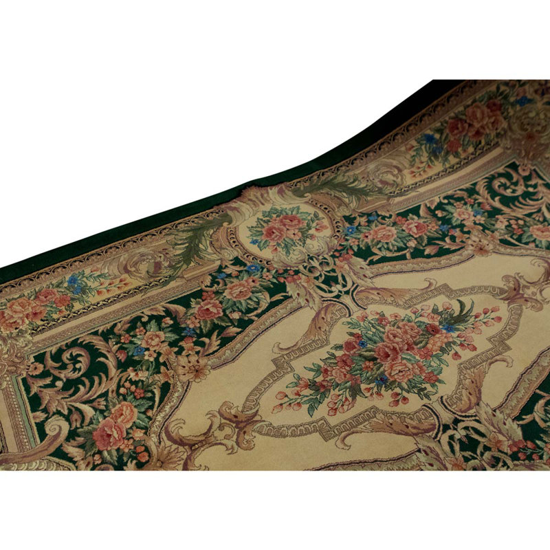 Tapis vert / rouge / beige en laine noué à la main de conception unique 5 pi 9 po x 8 pi 9 po