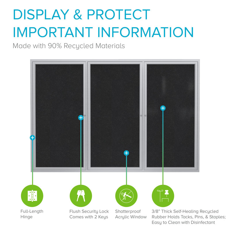 Enclosed Recycled Rubber Bulletin Boards Ghent No Vinyl Enclosed Cabinet Metal Bulletin Board, Satin, 4' H x 6' W, Black