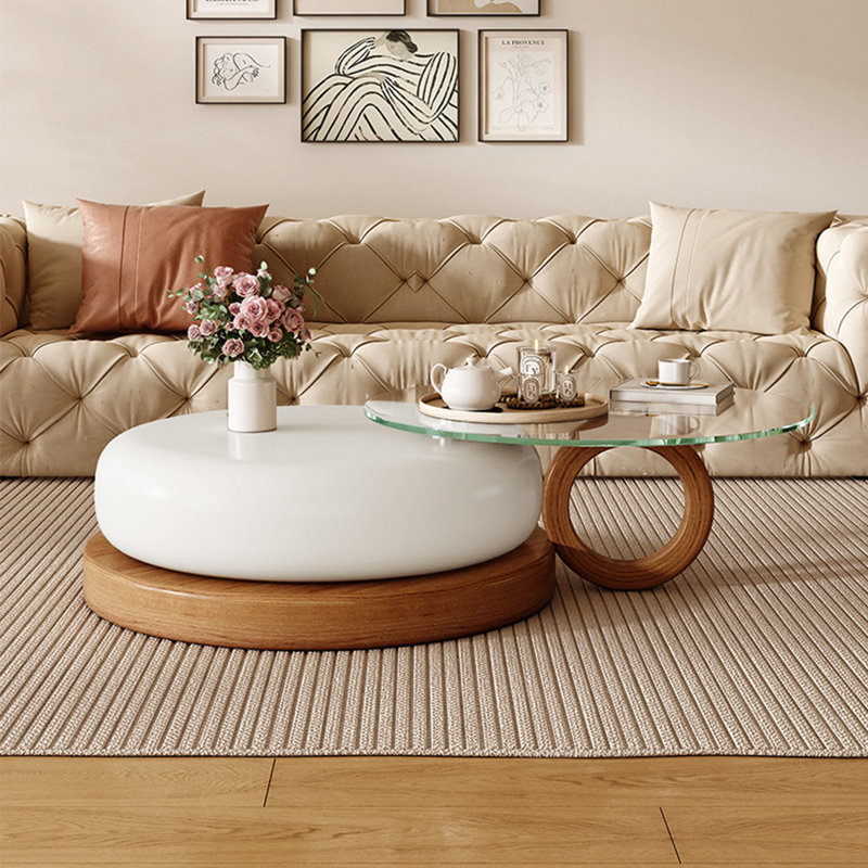 Elonie Nesting Coffee Table Round Coffee Table Glass Coffee Table, Light Walnut