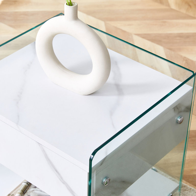 Simple et table de chevet avec tiroir, blanc, verre, rangement fonctionnel attrayant