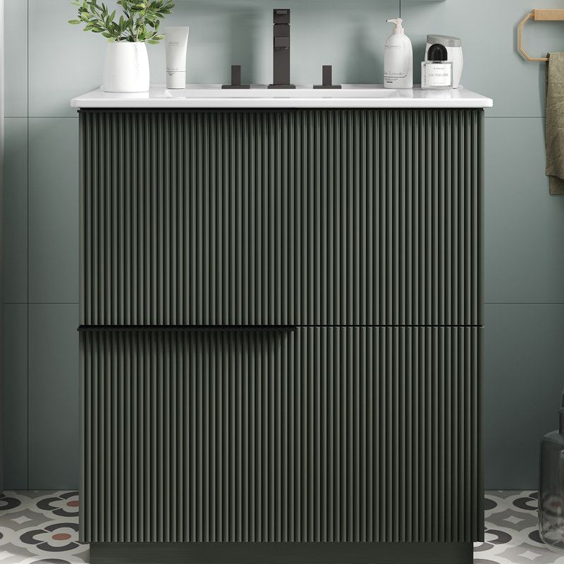 Meuble-lavabo de 30 po avec lavabo en céramique et tiroirs pleine extension, glissières de tiroir à fermeture en douceur, conception cannelée, 