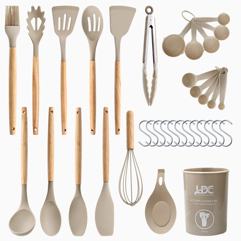 Lux Decor Collection 35 Pcs Kitchen Utensils Set Non Stick Silicon with Wooden Handles, Khaki