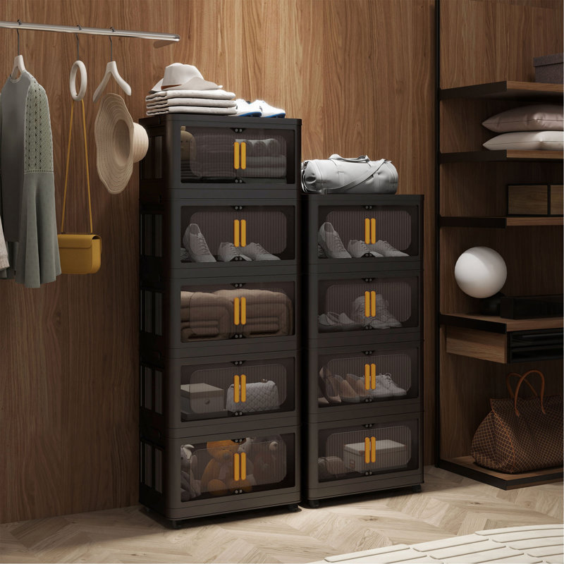 24" Side Wide Folding Storage Cabinet ,4 Tiers,23.62"×13.78"×48.43",Collapsible Storage Bins With Magnetic Door, Plastic Storage Cabinet With Wheels