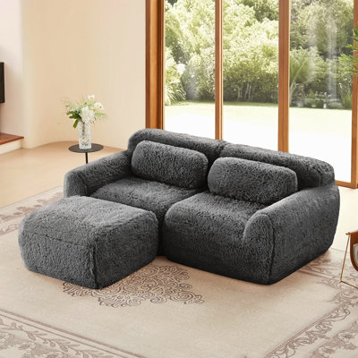 L-Shaped Boneless Sofa,Soft Fluffy Plush Fabric,With Chaise 32D High Density Sponge,No Assembly Required ,Ergonomic Design Bottom Anti-Slip Design,With Throw Pillows,Fits Bedrooms,Dark Grey
