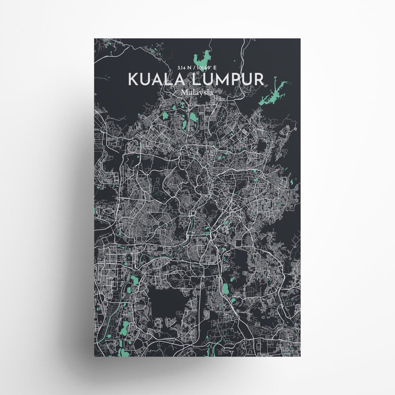 «Kuala Lumpur City Map», impression de luxe, H 17 po x l 11 po, Vert / gris