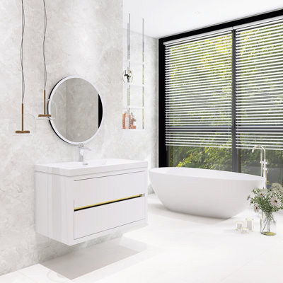36" Modern Wall-Mounted Single Bathroom Vanity Set, With Integral Stone Resin Basin