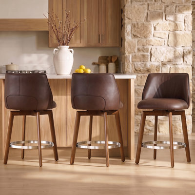 Ensemble de tabourets de bar modernes de hauteur comptoir de 3, 26 po avec tabourets pivotants en bois massif et tabourets de comptoir en similicuir café pour îlot de cuisine