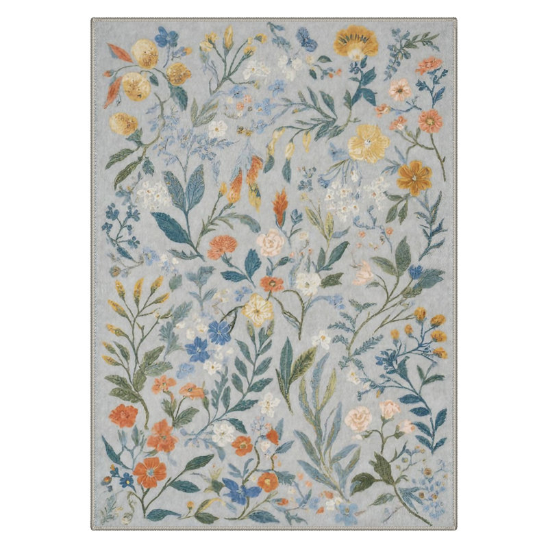 Eden Floral Blue Machine Washable Indoor Area Rug With Non-Slip Backing, Rectangle 5' x 7', Gray/Blue/Orange