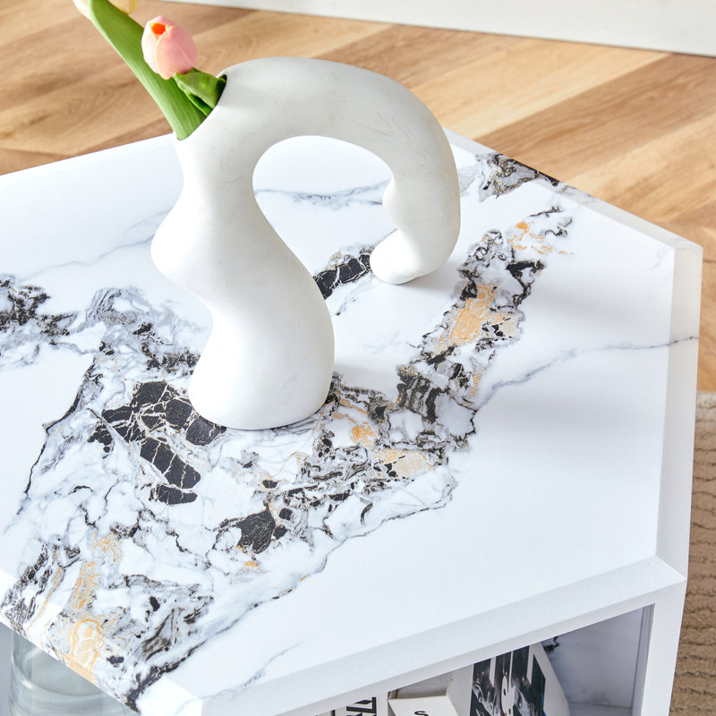 Hexagonal MDF Coffee Table, Characteristic Pattern Stickers, Multi-Hole Design To Give More Storage Space
