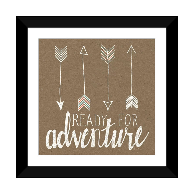 «Ready For Adventure», art textuel sur toile tendue, L 16 po x H 16 po x P 1 po, Papier beaux-arts encadré noir, Blanc